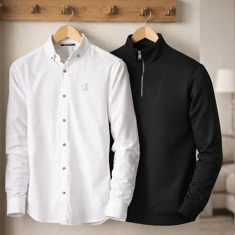 پکیج دورس مردانه نیم زیپ مدل Behbod-مشکی  پیراهن مردانه سفید مدل VQ