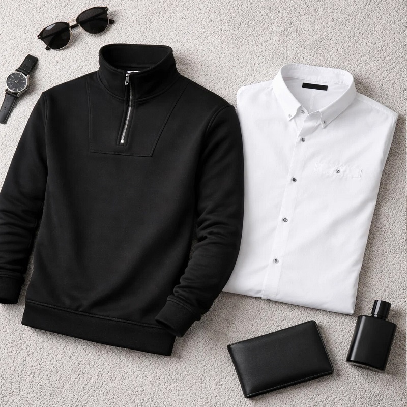 پکیج دورس مردانه نیم زیپ مدل Behbod-مشکی  پیراهن مردانه سفید مدل VQ